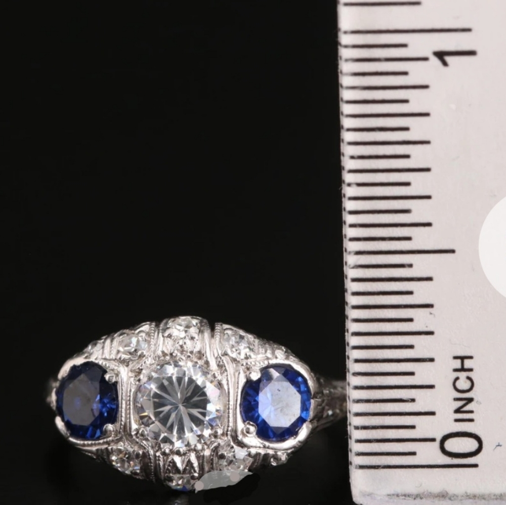 Platinum Art Deco Sapphire Diamond Cubic Zirconia - Picture 6 of 12